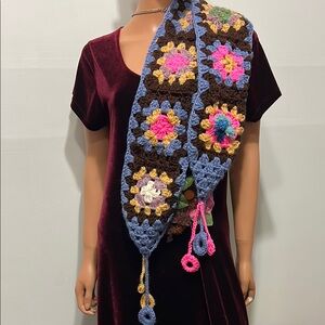 Handcrafted  Granny Square crochet Scarf in Blue and Brown